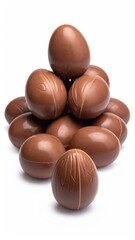 Pile of chocolate Easter eggs on a white background