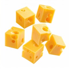 Isolated, vibrant yellow cheese cubes with holes