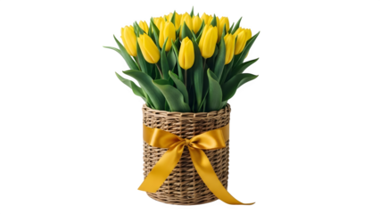 Yellow tulips bouquet in wicker vase with yellow ribbon isolated on transparent background for valentine's day