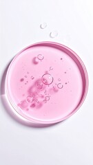Pink liquid with bubbles in a shallow dish, above view