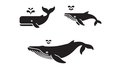 black color whale set of silhouette vector illustration, solid white background