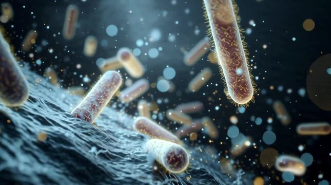 Flow of sticks and lactobacilli in milk leaven in microscope. Theme of foods background is under 1000x magnification. Bacteria from edible milk product such as kefir or yogurt. Microcosmic background