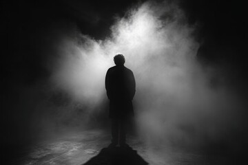 Obraz premium Mysterious silhouette of a person standing alone in thick theatrical smoke