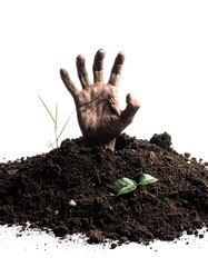 A muddy hand emerges from a pile of earth with a few small plants sprouting nearby, all set against a white backdrop