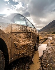A muddy car, half-submerged in a shallow puddle, reveals a rugged terrain. Mountains stand tall under an overcast sky
