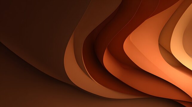 Deep brown and orange 3D layered curves creating a sense of depth and geological time in an abstract landscape format.