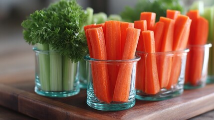 Freshly cut carrot and celery sticks presented in small, teal-colored glasses on a wooden board.