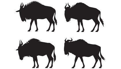 black color wildebeest set of silhouette vector illustration, solid white background