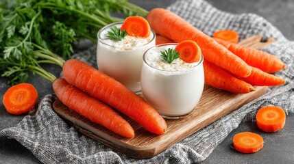 Freshly cut carrots and creamy white drinks, arranged on a wooden board, creating a healthy and delicious still life.