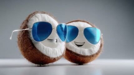 Two halves of a coconut, styled as cartoon characters, wear aviator sunglasses, adding a playful touch to the image's sunny and tropical aesthetic.