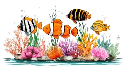 Vibrant coral reef scene with various colorful fish swimming amongst lush underwater flora.