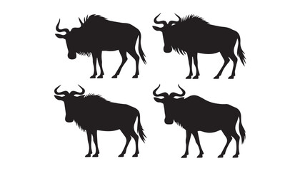 black color wildebeest set of silhouette vector illustration, solid white background