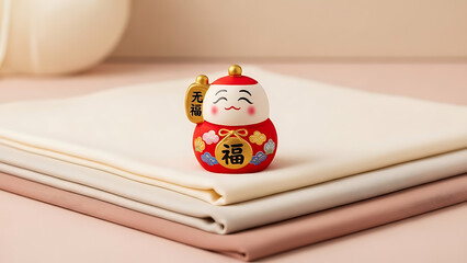 A small figurine of a smiling man in traditional Japanese clothing sits on folded fabric