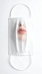 A close-up of a person's nose and mouth partially obscured by a white surgical mask against a white background