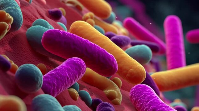 Flow of sticks and lactobacilli in milk leaven in microscope. Theme of foods background is under 1000x magnification. Bacteria from edible milk product such as kefir or yogurt. Microcosmic background