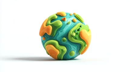 A colorful, abstract sphere features textured landmasses in shades of orange, green, and teal, creating a whimsical, stylized representation of a globe.
