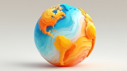 A colorful, layered globe showcases the Earth's topographical features in a vibrant, stylized representation.
