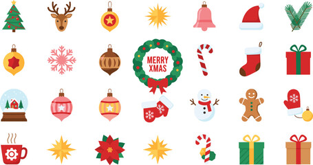 Christmas holiday icon collection featuring reindeer snowman gingerbread man ornaments wreath and festive decor for winter season celebration and greeting card vector design. © Aminul