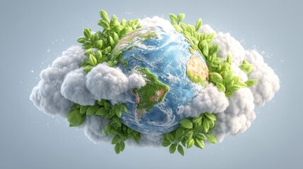 A vibrant Earth model rests amidst fluffy clouds, adorned with lush greenery, evoking a sense of environmental harmony and peaceful coexistence.