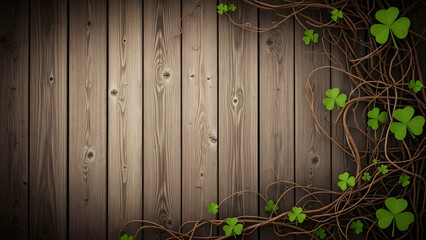 St patrick's day wooden background with green shamrocks and leaves