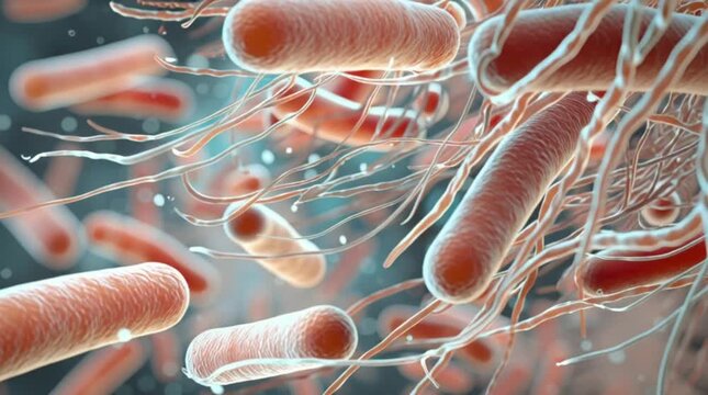 Flow of sticks and lactobacilli in milk leaven in microscope. Theme of foods background is under 1000x magnification. Bacteria from edible milk product such as kefir or yogurt. Microcosmic background