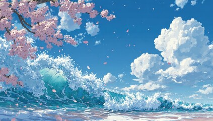 Beautiful anime-style scene with blooming cherry blossoms, crashing waves, and fluffy clouds