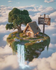 Fantasy dream home on floating island above clouds with cozy cottage tree and waterfall surreal 3D illustration