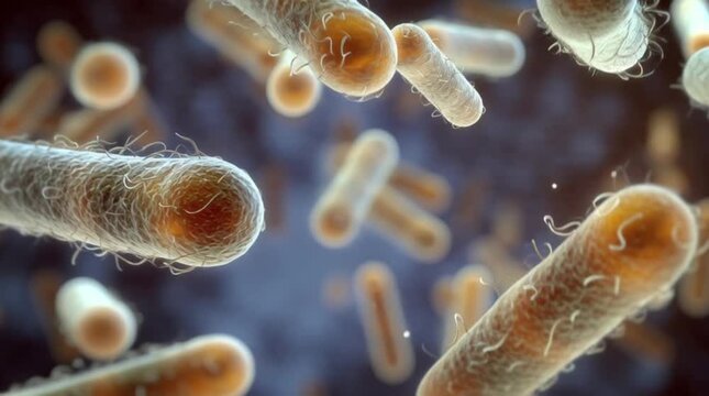 Flow of sticks and lactobacilli in milk leaven in microscope. Theme of foods background is under 1000x magnification. Bacteria from edible milk product such as kefir or yogurt. Microcosmic background
