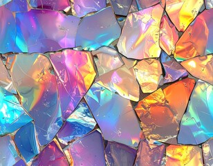 Iridescent glass shards form a mosaic wall