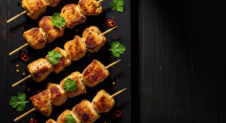 Grilled chicken skewers garnished with fresh herbs and spices, arranged on a dark wooden board, showcasing a delicious and vibrant culinary presentation with copy space