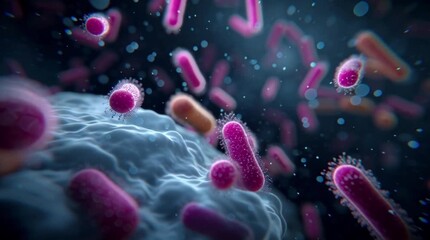 Flow of sticks and lactobacilli in milk leaven in microscope. Theme of foods background is under 1000x magnification. Bacteria from edible milk product such as kefir or yogurt. Microcosmic background