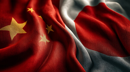 Cultural exchange event china and japan flags textile art indoor setting close-up perspective unity concept