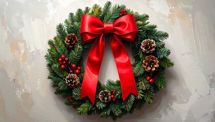 A festive holiday wreath featuring evergreen branches adorned with pinecones, red berries, and a vibrant red satin bow, set against a neutral painted backdrop