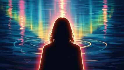 A lone figure stands in shimmering water, illuminated by a vibrant, otherworldly light.