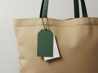 A beige tote bag with a green tag hanging from its handle against a plain background