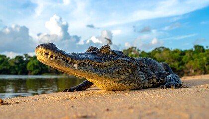 Obraz premium A close-up shot of a reptile sunbathing on a sandy shore, eyes observing in front of a blue sky and serene water