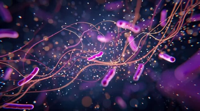 Flow of sticks and lactobacilli in milk leaven in microscope. Theme of foods background is under 1000x magnification. Bacteria from edible milk product such as kefir or yogurt. Microcosmic background