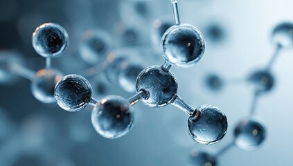 Molecule structure rendered, interconnected shiny spheres on light blue background