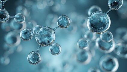Abstract molecule render, blue, connected spheres with bokeh background