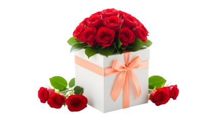 Valentine's day gift roses bouquet in white box isolated on transparent background