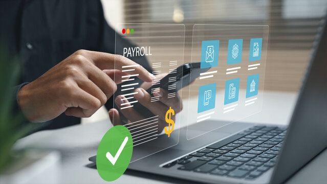 Payroll management system on digital Interface, financial technology, employee salary automation, online payroll software, and digital HR solutions.