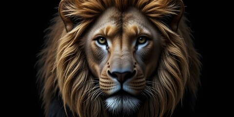 Fototapeta premium Majestic lion with golden mane stares intensely