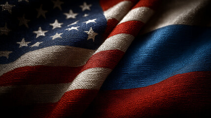 Fototapeta premium Diplomatic tensions usa and russia flags symbol of international relations close-up textured fabric