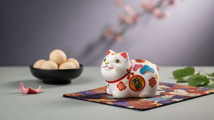 A colorful Maneki-Neko figurine sitting on a vibrant mat with a bowl of eggs