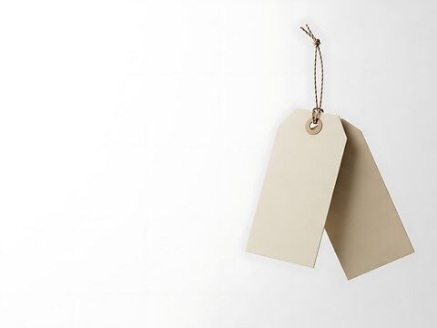 Two blank tags hanging from a string against a white background