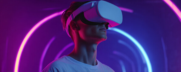 Man wearing virtual reality headset in a neon-lit environment with vibrant circular light patterns