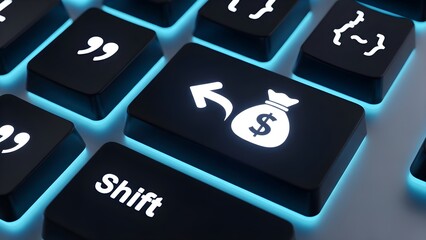 Close-up of a computer keyboard with a money bag and dollar sign on the enter key, surrounded by blue backlighting and other keys.