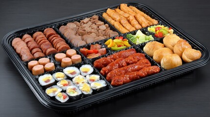 A large platter showcasing a diverse selection of appetizers including sliced sausages, fried snacks, sushi rolls, assorted vegetables, and bread rolls.