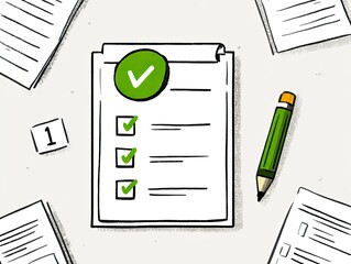 Clipboard checklist with checkmarks, pencil, and loose papers