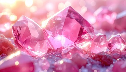 Shiny, faceted, pink crystals illuminated by sunlight